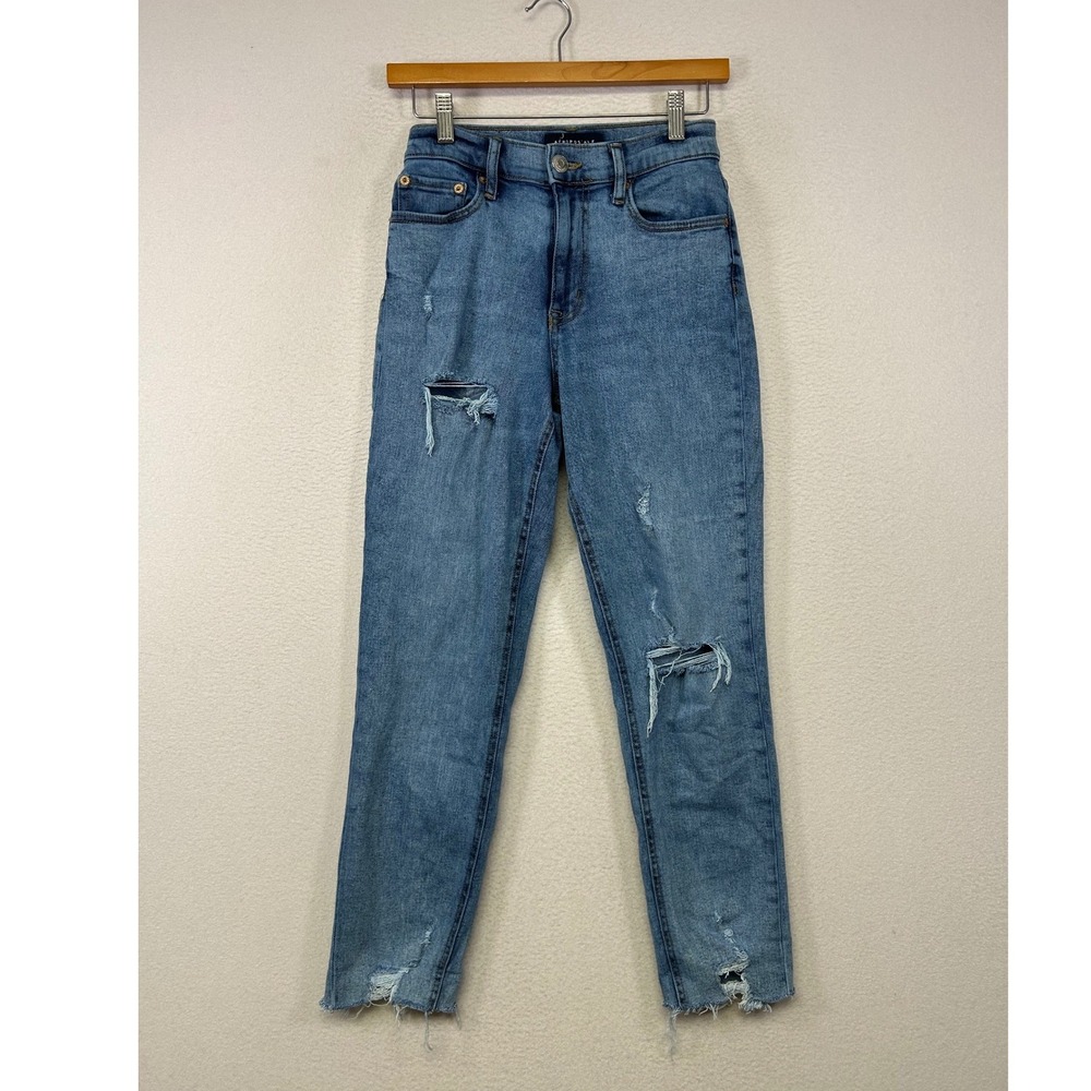 Distressed Grunge Aeropostale Womens 0 Blue Curvy Mom Jean High Rise Ripped Hem